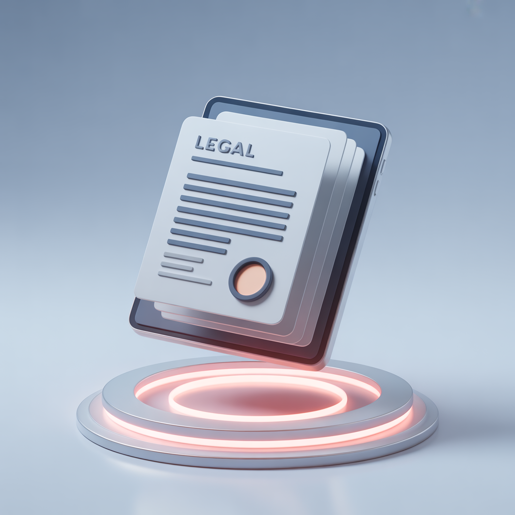 A clean, minimalist 3D render of legal documents on a digital tablet floating above a glowing surface, professional aesthetic, no people